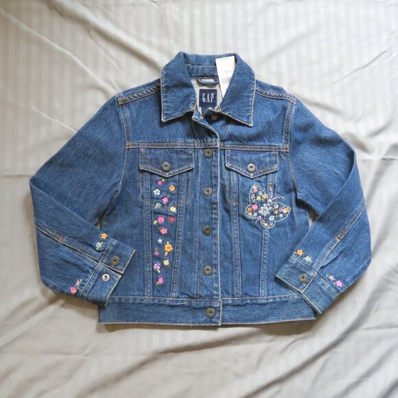 GapKids Girls Denim Jacket/Capri Butterflies & Flowers Outfit Sz 5/6 & 6 NWT - Picture 2 of 16